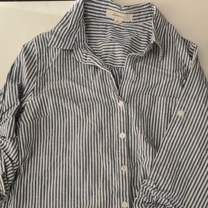 Navy Striped Women's Casual Button Down Shirt